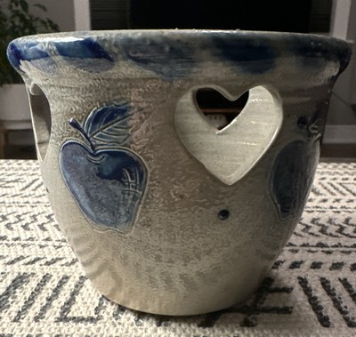 David Eldreth Salt Glaze Small Pot Dark Blue Apple Pattern w/ Heart Cut Outs B16