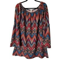 Win Win Bell Sleeve Tunic L/XL Red Multicolor Chevron Bohemian Boho Cottagecore