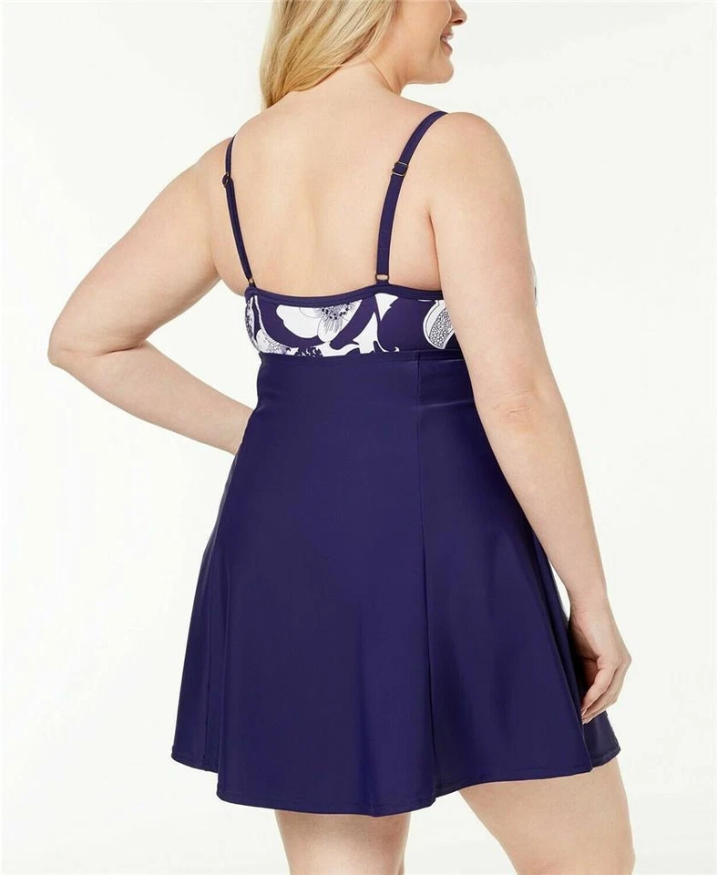 Vestido de baño para mujer Island Escape talla grande estampado frente torcido, AZUL MARINO, 22W Foto 2 de 2