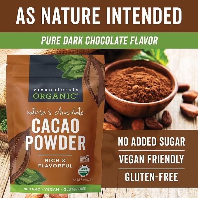 Organic Unsweetened Cacao Powder with Rich Dark Chocolate Flavor NEW