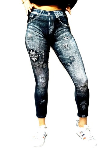 Women Blue Faux Denim Jeans High Waist Skinny Jeggings Leggings Pencil Pants - Picture 33 of 45