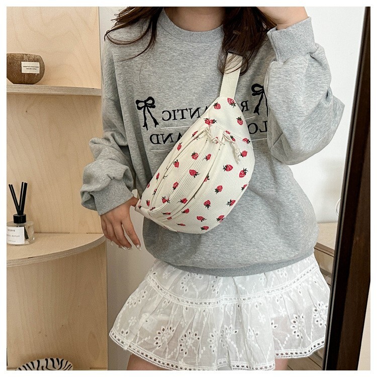 Corduroy Fanny Pack for Women & Men Stylish Plaid Strawberry Pocket Waist Bag