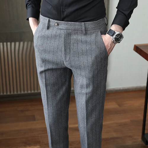 Men's British Style Wool Blend Suit Pants Striped Casual Business Trousers Retro - Bild 14 von 14