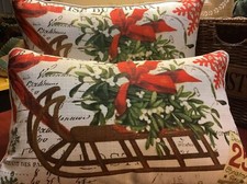 2 Christmas Pillows 19 x 11 Sled/Berries/Script Down Fill Insert Zipper Lovely