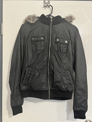 jeanswest Size 12 Women's Biker Jacket With Removeable Hood Black