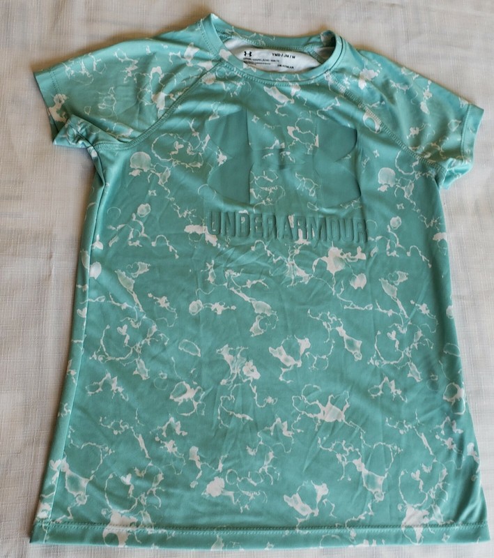 Girls Turquoise/White Under Armour heat gear Loose Crew Neck Shirt size YMD
