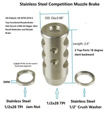 Stainless Muzzle Brake Recoil Compensator 1/2"X28 Jam Nut Crush Washer 22 223