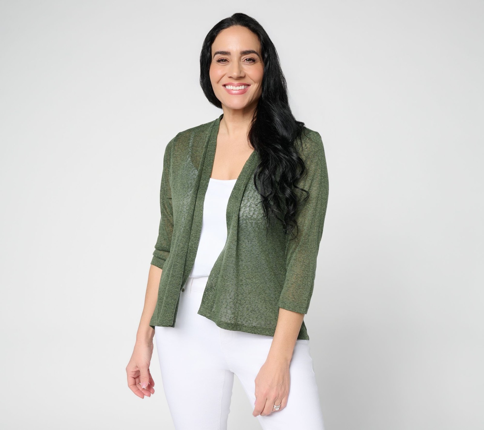 Denim & Co. Women's Top Plus Sz Sweater 1X Essentials Sleeve Slub Green A685473