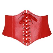 Women Elastic Wide Band Tied Waspie Corset Waist Cincher Belt,Red
