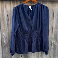 Dolan Anthropologie Long Sleeve Smocked Satin Blouse Navy Size Medium