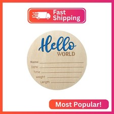 Baby Announcement Sign - 5.9 Inch Wooden Hello World Newborn Welcome Plaque, Bir