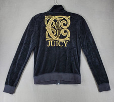 Vintage Y2K Juicy Couture Size M Black Velour Zip Track Jacket Big Logo Full Zip