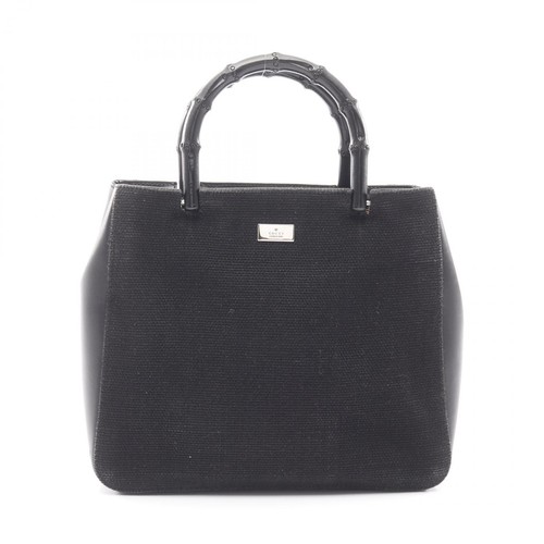 Gucci Bamboo Canvas Leather Handbag Black Medium Used