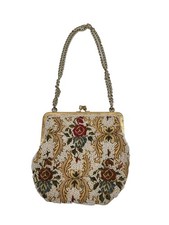 Vintage Floral Hand Beaded Tapestry Clutch Chain Bag Made In Hong Kong