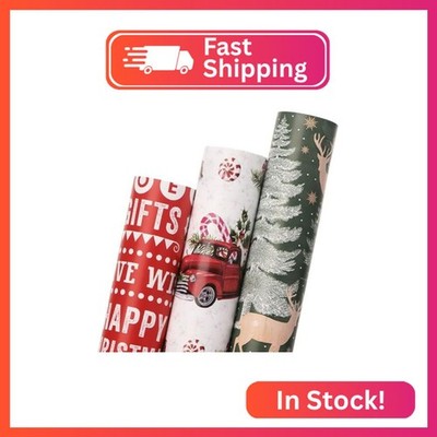 Ribbli Christmas Wrapping Paper 3 Rolls Red Truck Reindeer Christmas Tree Printe
