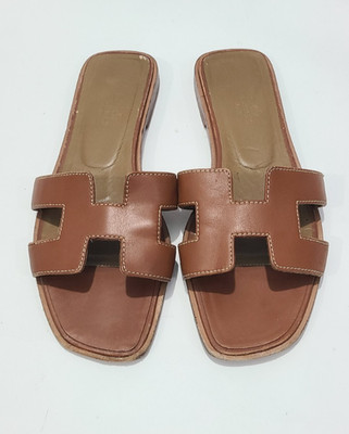 Hermes Oran Brown Leather Slides Mules Size EU 38 US 7.5