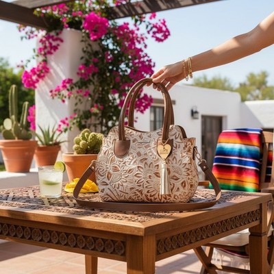 Off White light Beige Brown Sunflower Embossed Tooled Artisan LEATHER Bag Purse