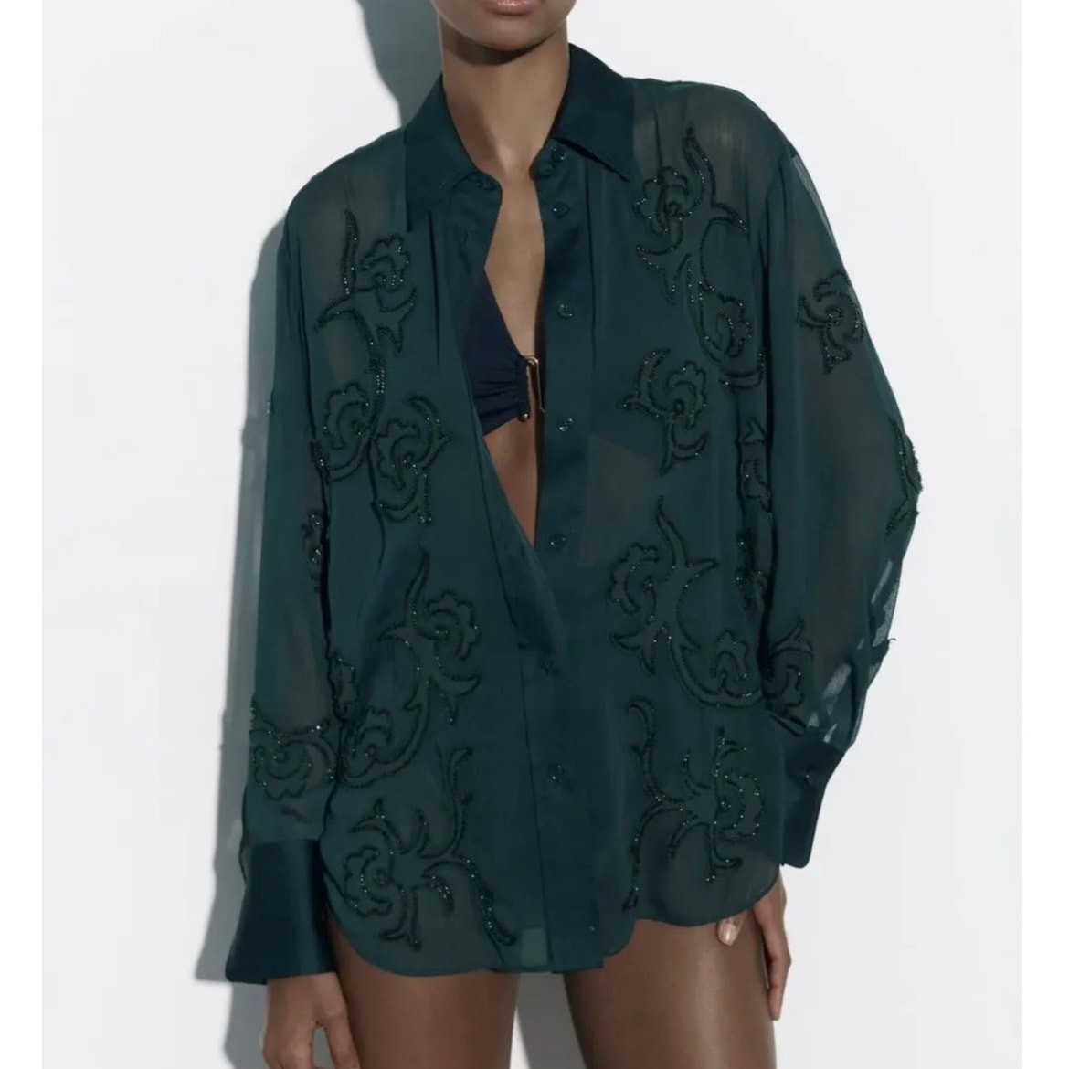Zara Womens Semi Sheer Beaded Embroidered Blouse Size S Dark Green Button Up image 2