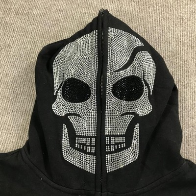 GVAPI Skull Hoodie Mens Large Full Zip Crystal Rhinestone Mask