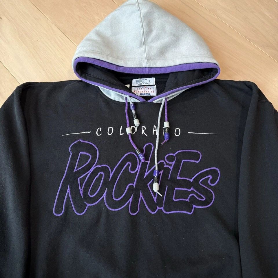 Vintage Colorado Rockies Hoodie L Black 90s Starter Pullover MLB World Series - Image 3 of 4
