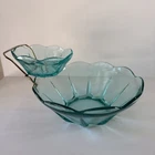 VTG MCM Anchor Hocking Turquoise Chip & Dip Set Scalloped Edge & Original Stand