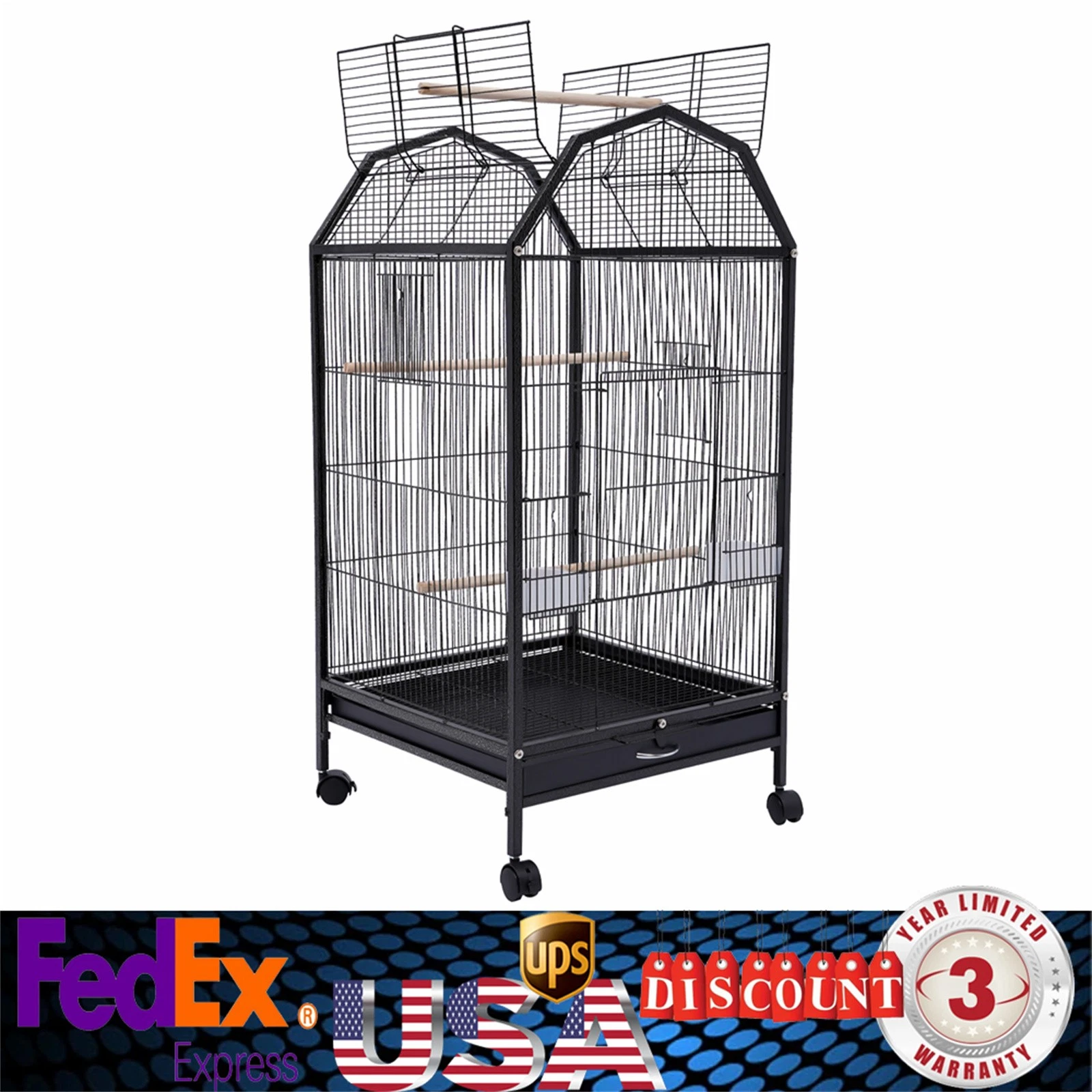 Black Large Bird Cage wit Rolling Stand Cockatiel Parakeet Finch Parrot Birdcage