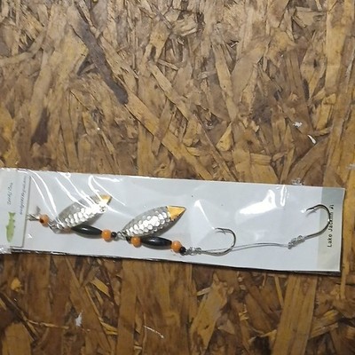 Fishing Rig with Silver Spinner Blades, Orange Beads, Metal Hooks