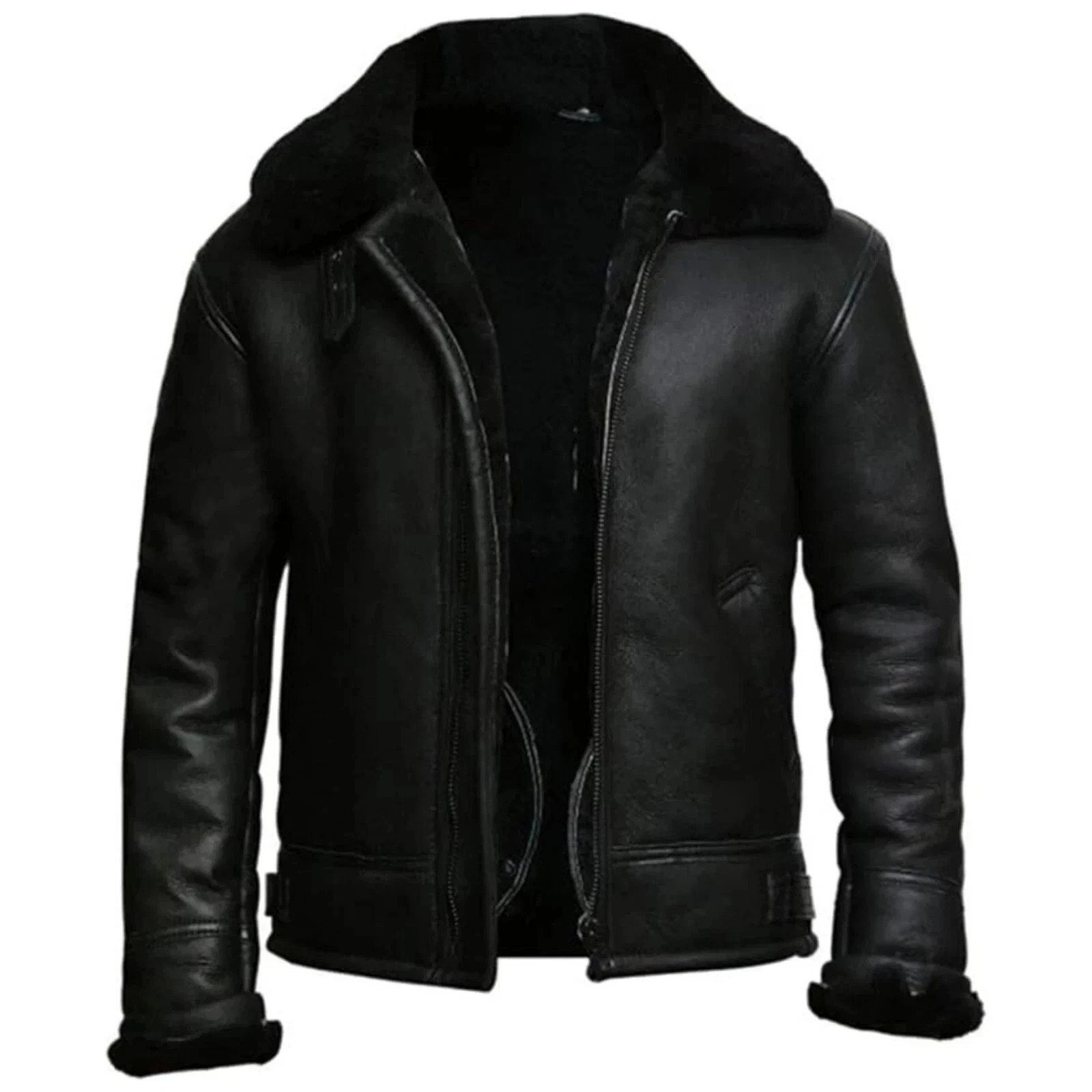 Chaqueta de cuero de piel de oveja negra real de piel de oveja B3 de bombardero negra para hombre