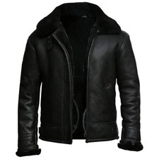 Men's Black Bomber Aviator B3 Fur Shearling Real Black Sheepskin Leather Jacket