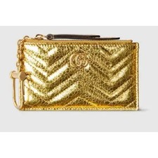 Gucci GG Marmont Key Case Gold Metallic Crinkle Leather Double G NIB