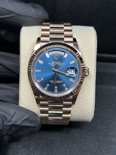Rolex Day-Date 36 Watch 36MM Blue Diamond Baguette Index Markers Dial Rose Gold
