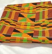 African Kente Print Fabric, orange, green, black