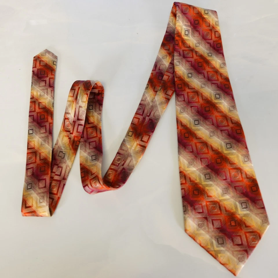 KENNETH COLE Tie Mens Designer  Ombre Yellow Orange Geometric Square Silk Dress - Image 3 of 4