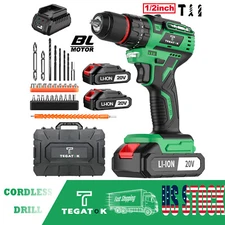 20V Cordless Brushless Drill Set,1/2 Inch Keyless Chuck Comes with Two Battery