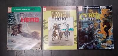Lot: 3 Hero System TTRPG Sourcebooks, Fantasy, Cyber & Western. Good-Very Good