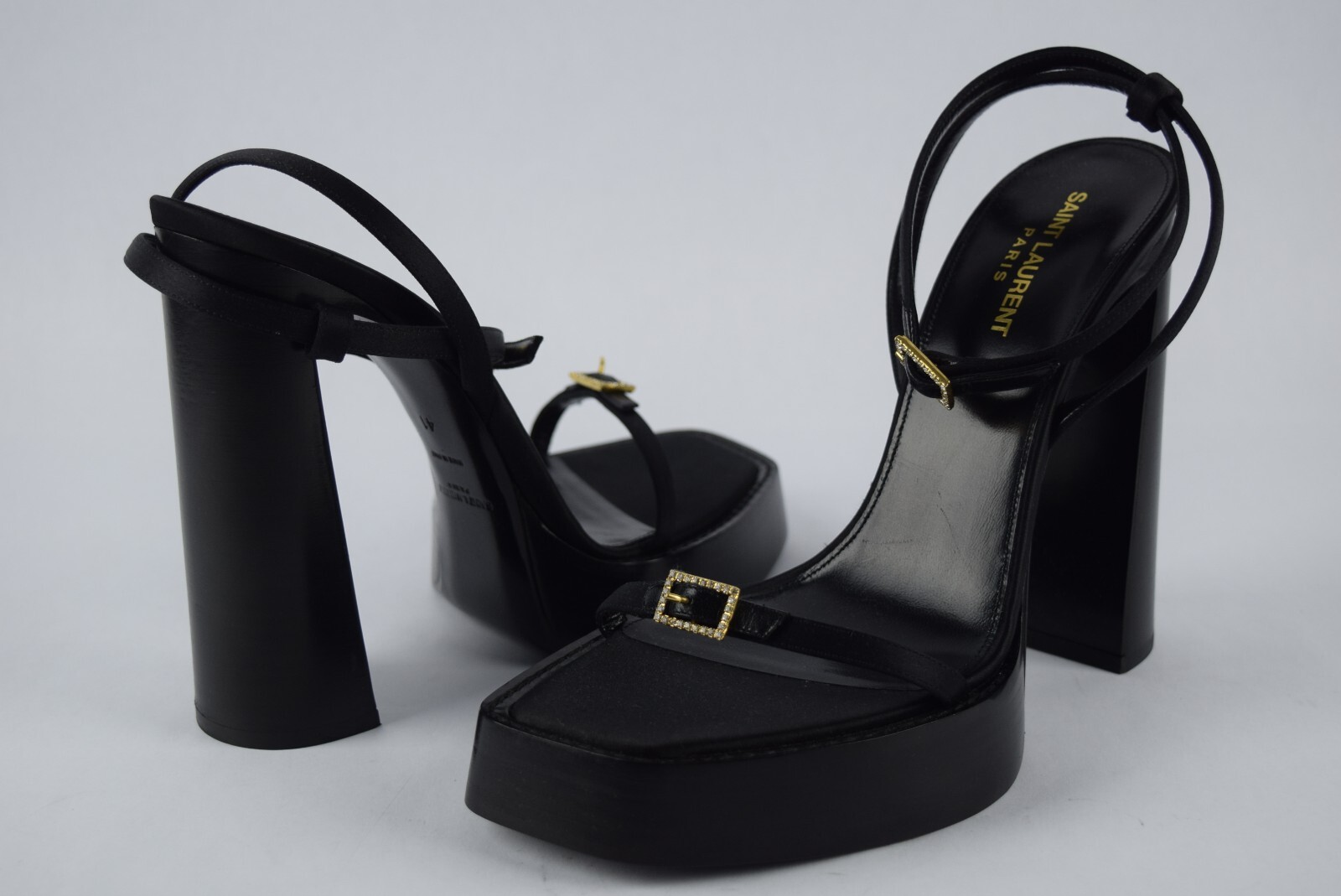 Sandali nuovi con scatola YSL Saint Laurent Platz 105 fibbia crisale taglia 41 neri plateau