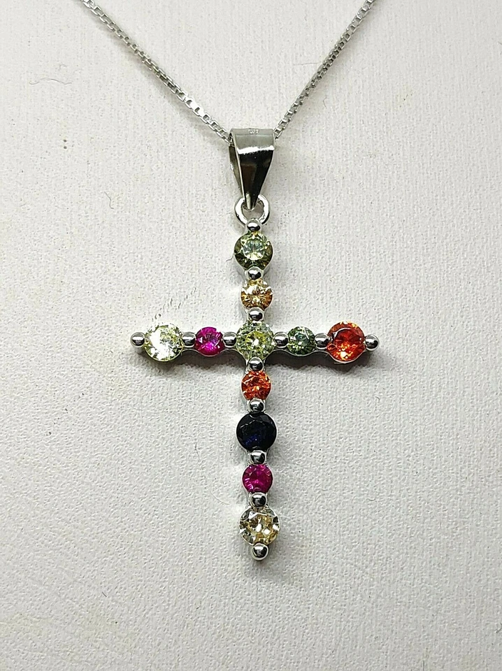 collana con ciondolo argento 925 rodiato croce con zirconi multicolor - Immagine 2 di 4