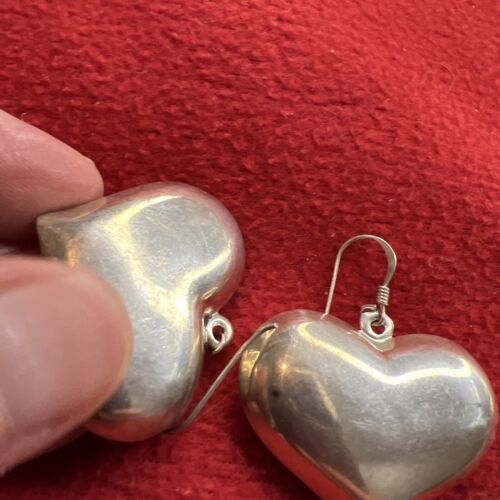Vintage 925 Sterling Silver Puffy Heart Earrings Pierced - Picture 4 of 7