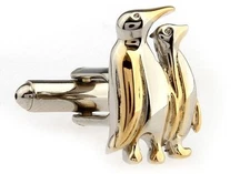 Penguin Pair Cufflinks Silver Gold 2 Tone Wedding Gift Box & Polishing Cloth