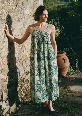 Christy Dawn Rare Green Banana Leaf Print Sleeveless Midi Dress Side Slits Sz S