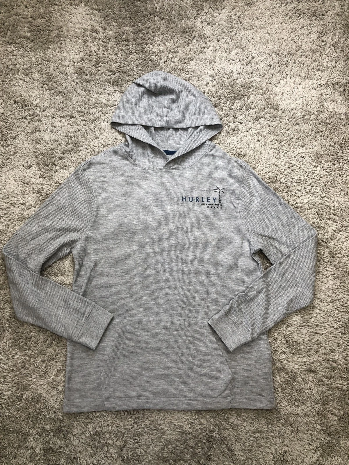 Hurley Hoodie Mens Medium Heather Gray Waffle Knit Thermal Pullover Long Sleeve