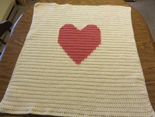 handmade crochet baby blanket new unisex 34" x 31" off-white and pink- heart