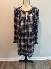 Loft Plaid Ruffle Swing Dress Blue Women’s Size Medium NWT LS