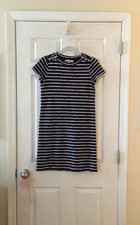 LOFT Blue White Stripe Loop Terry Cloth Silver Button Accent Cap Sleeve Dress XS