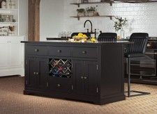 Kitchen Island Black with Granite Worktop Storage Wine Rack Breakfast Bar