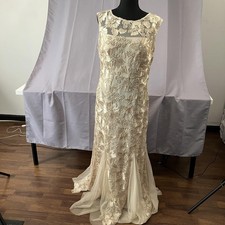 Alex Evenings Dress Womens 14 Beige Gold Floral Lace Sleeveless Gown Formal Mesh