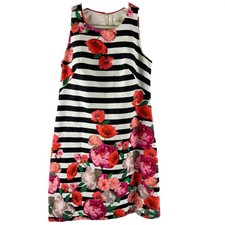 Eliza J Floral Stripe Sleeveless Shift Dress Black White Pink Red Poppies Sz 2