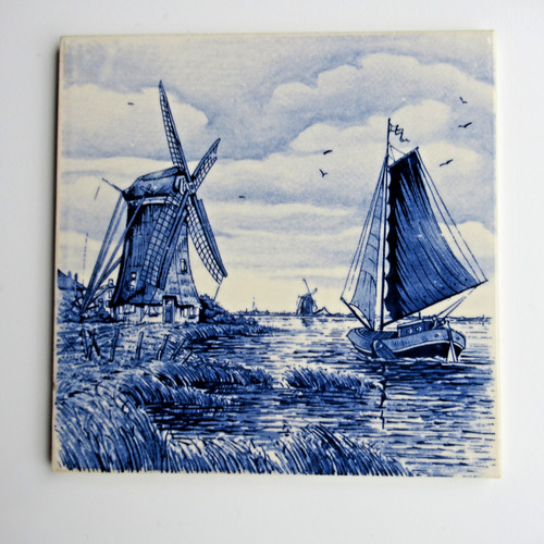 Vtg Delftware Ceramic Wall Tile Trivet by Grozema Boat and Windmill 6" X 6"