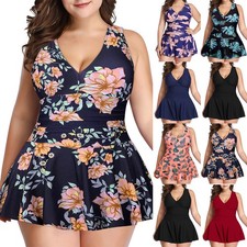 Plus Size Womens Floral Swimsuit Skirted Tankini Set Swimdress Swimming Costume