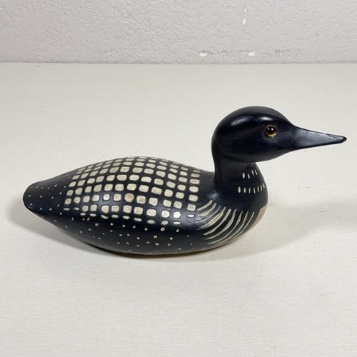 VTG 10" Hand Carved Wood Common Loon Decoy Figurine Black White Bird Sculpture